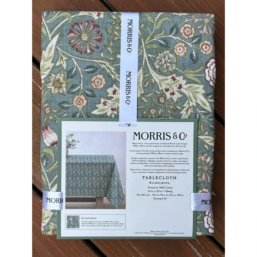 MORRIS & Co WILHELMINA Tablecloth 70 X 120 in GREEN Floral Printed 100% Cotton